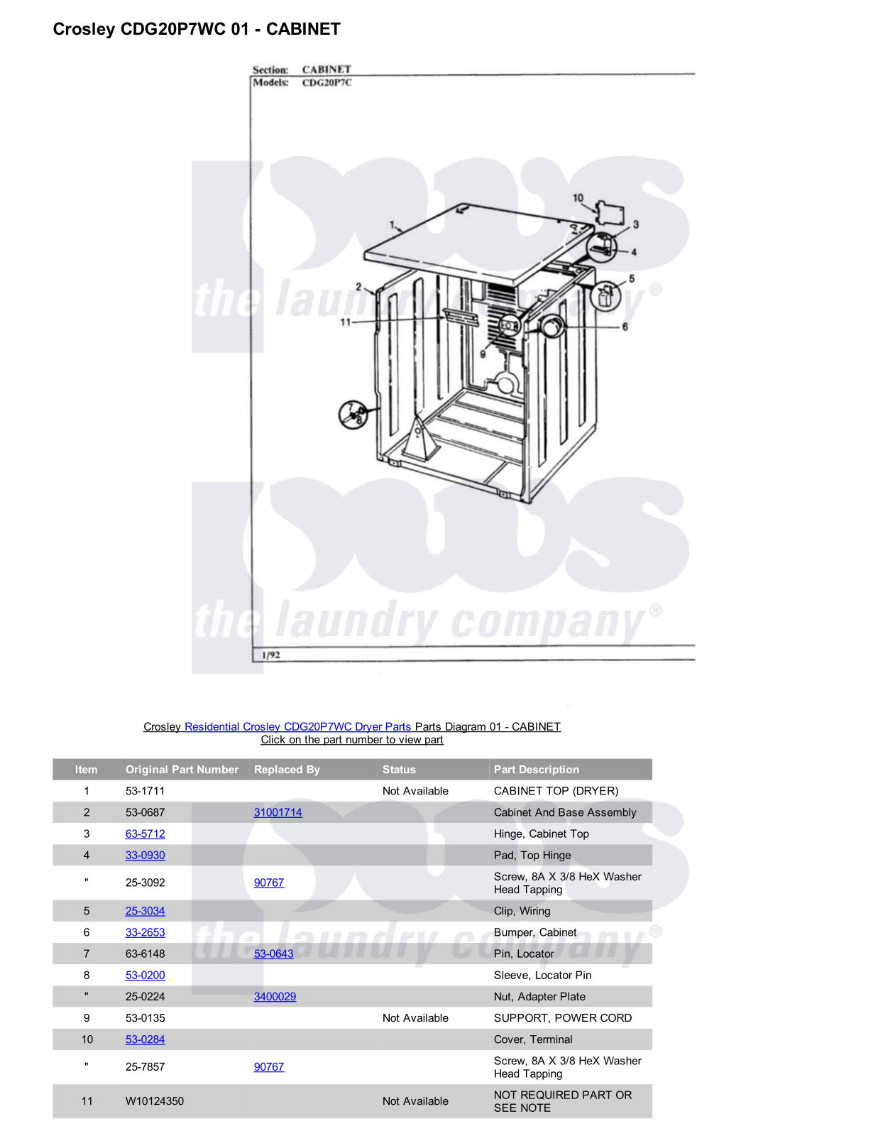 Crosley CDG20P7WC Parts Diagram