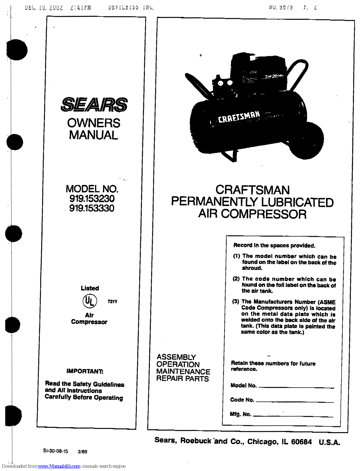 Sears Craftsman 919.153230,Craftsman 919.153330 Owner's Manual