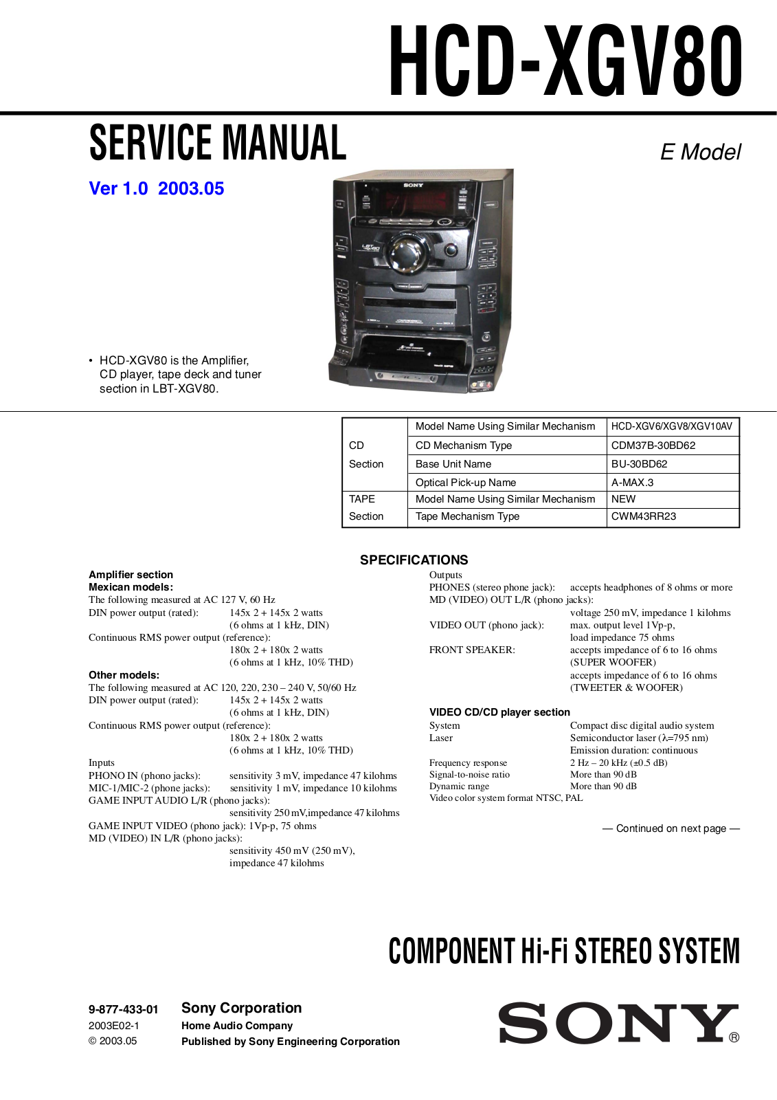 SONY HCD-XGV80 Service Manual