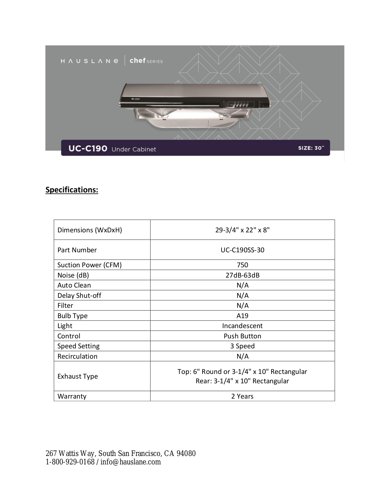 Hauslane UCC190SS30 Specifications