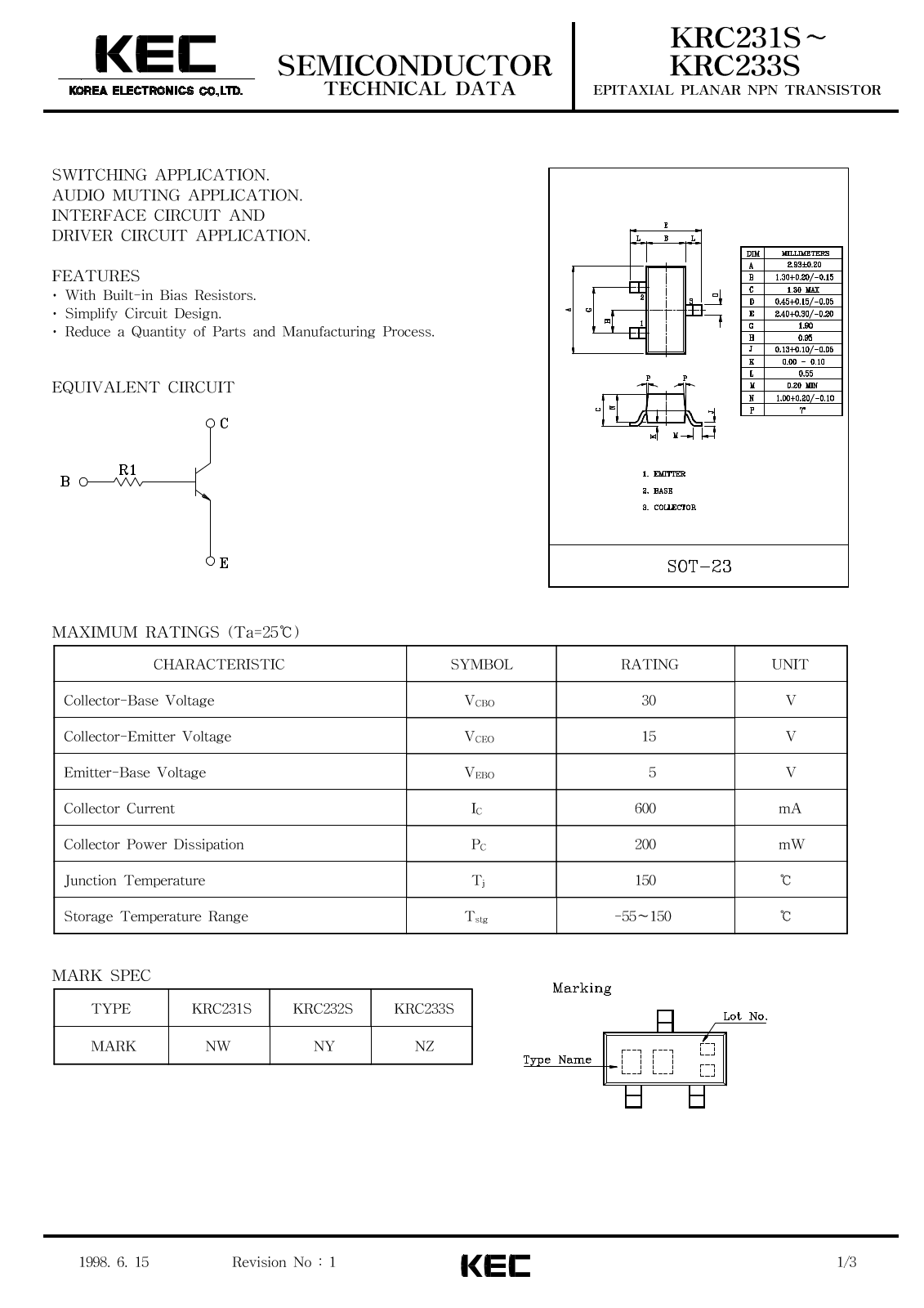 KEC KRC233S, KRC232S, KRC231S Datasheet