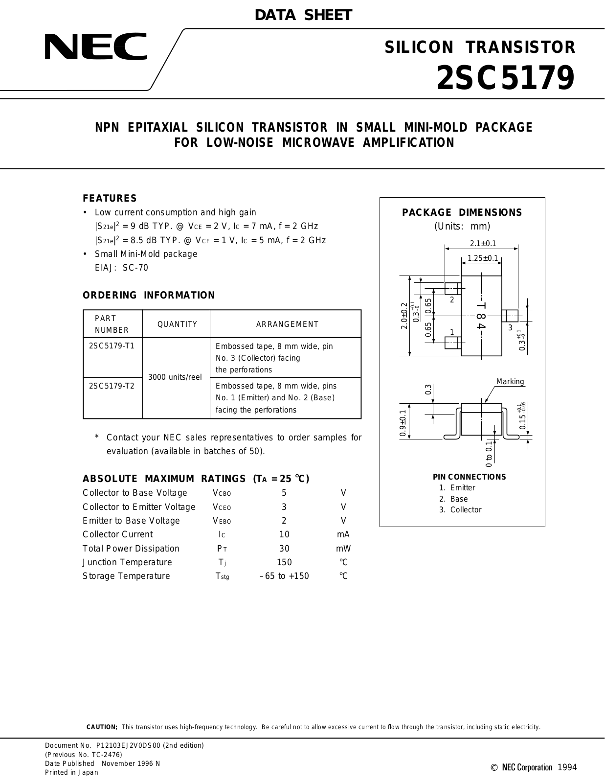 NEC 2SC5179-T2, 2SC5179-T1, 2SC5179 Datasheet