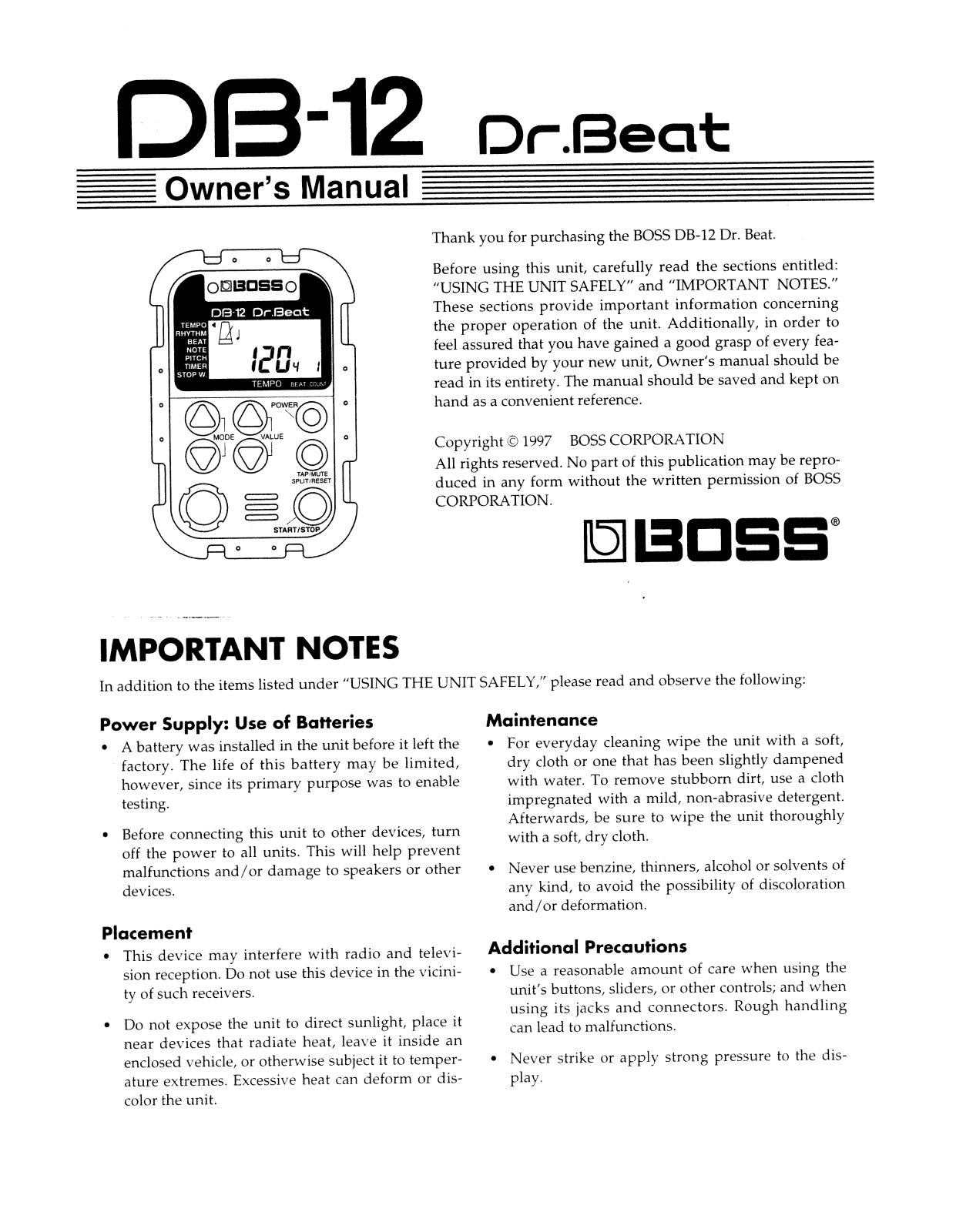 Roland Corporation DB-12 Owner's Manual