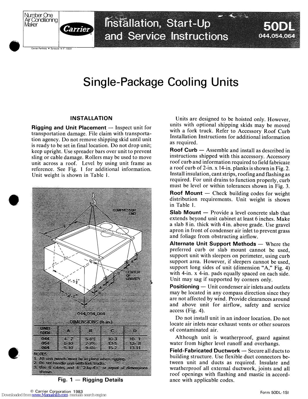 Carrier 50DL044, 50DL054, 50DL064 Installation, Start-up And Service Instructions Manual - ManualMachine.com