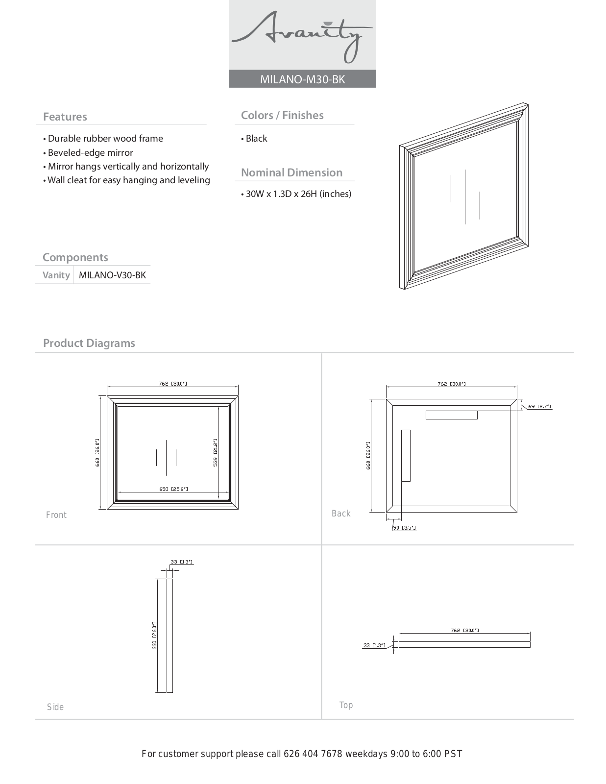 Avanity MILANOM30BK User Manual