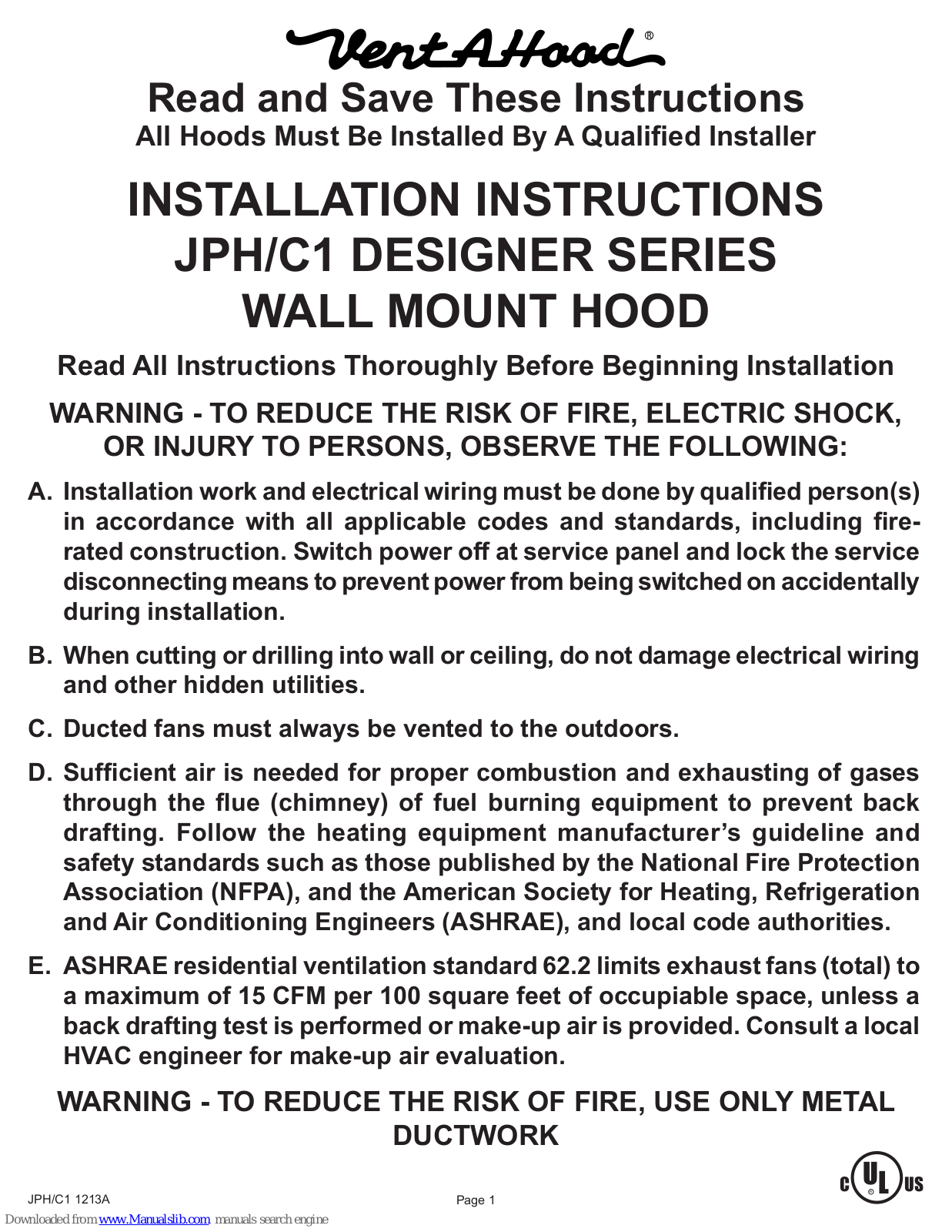 Vent-a-Hood JPH/C1 DESIGNER series, JPH DESIGNER SERIES, C2 DESIGNER SERIES Installation Instructions Manual