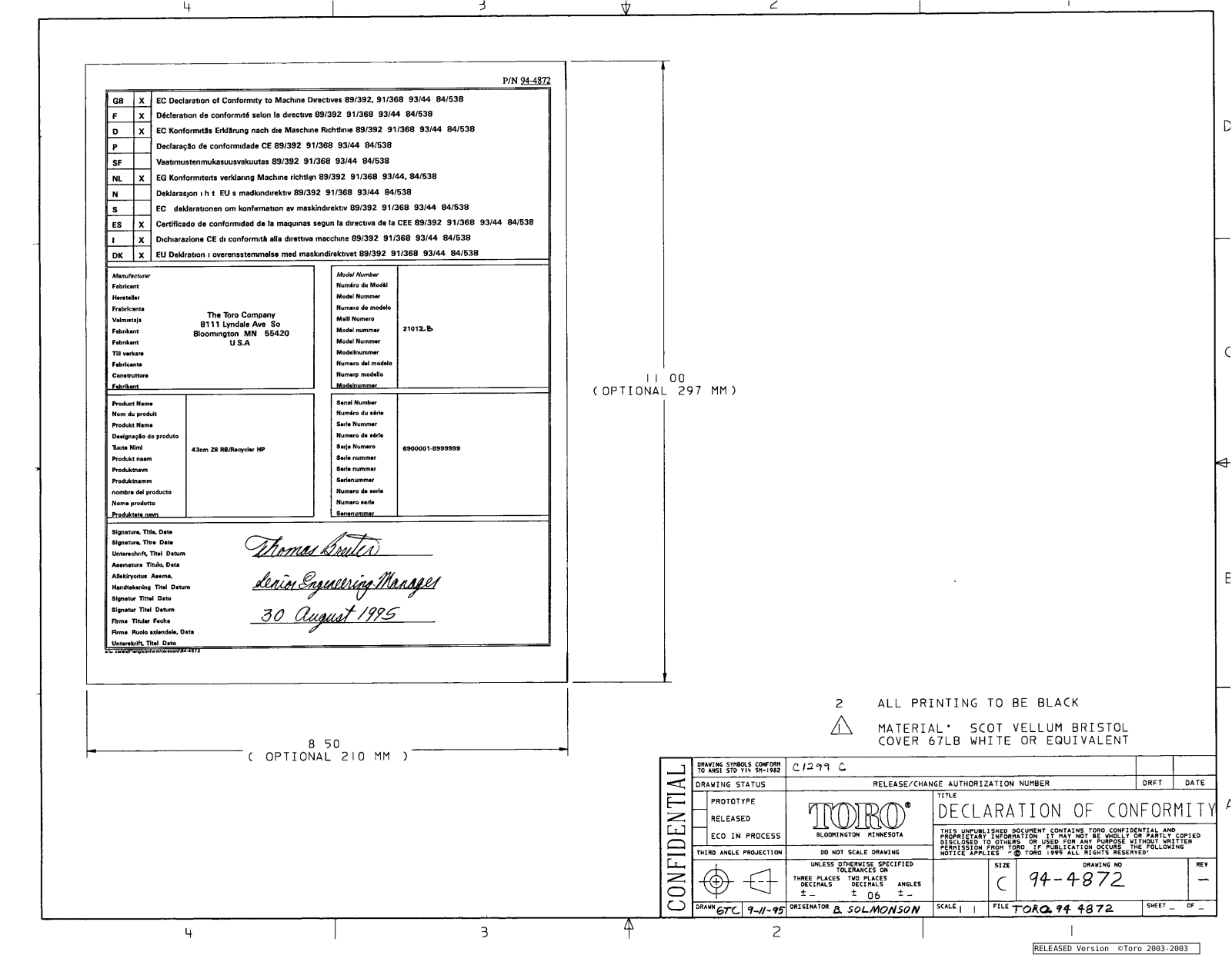 Toro 21012B, 21012BC Declaration of Conformity