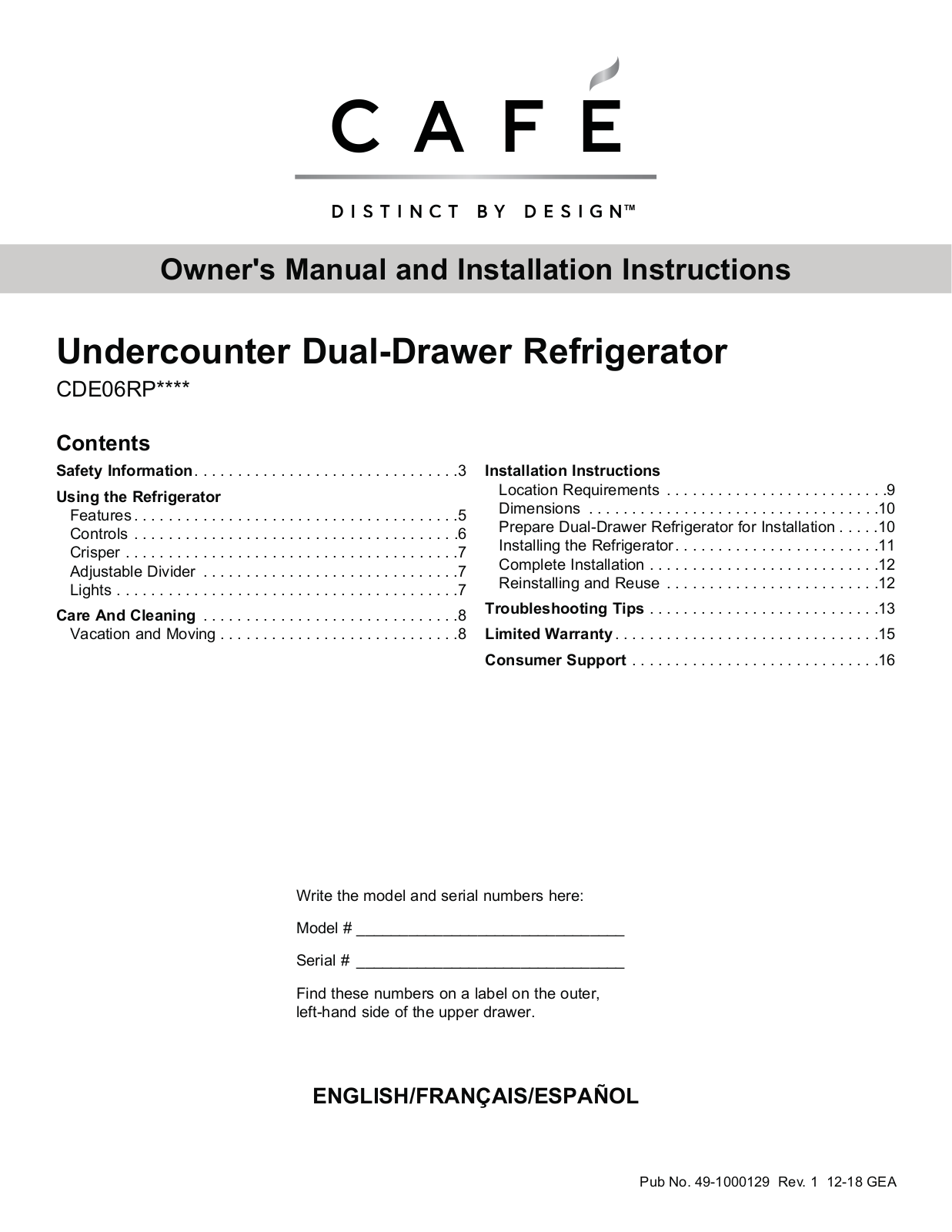 Café CDE06RP3ND1, CDE06RP4NW2 Owner's Manual and Installation Instructions