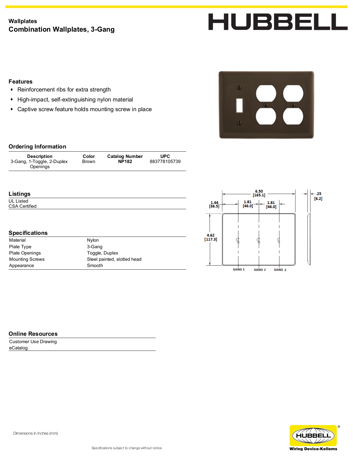 Hubbell NP182 Specifications