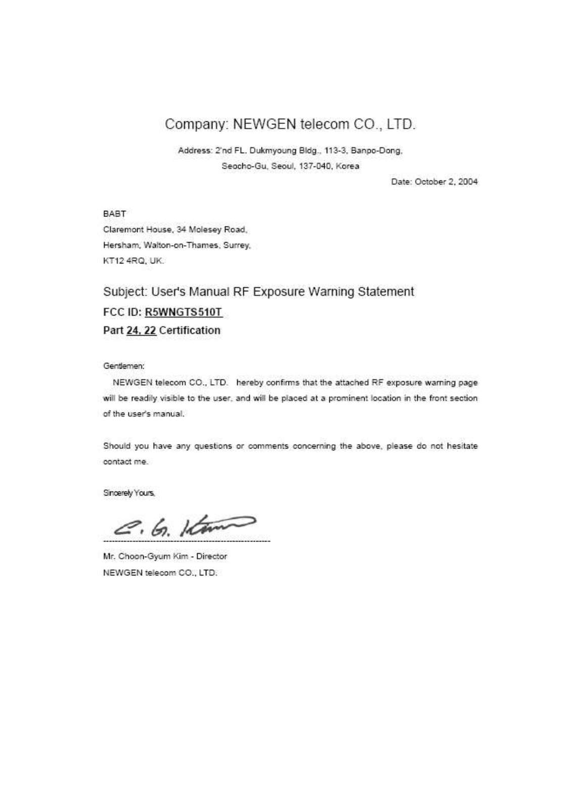 NewGen Telecom NGTS510T RF exposure warning