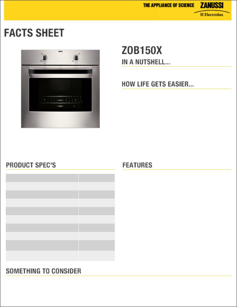 Zanussi ZOB150X facts sheet