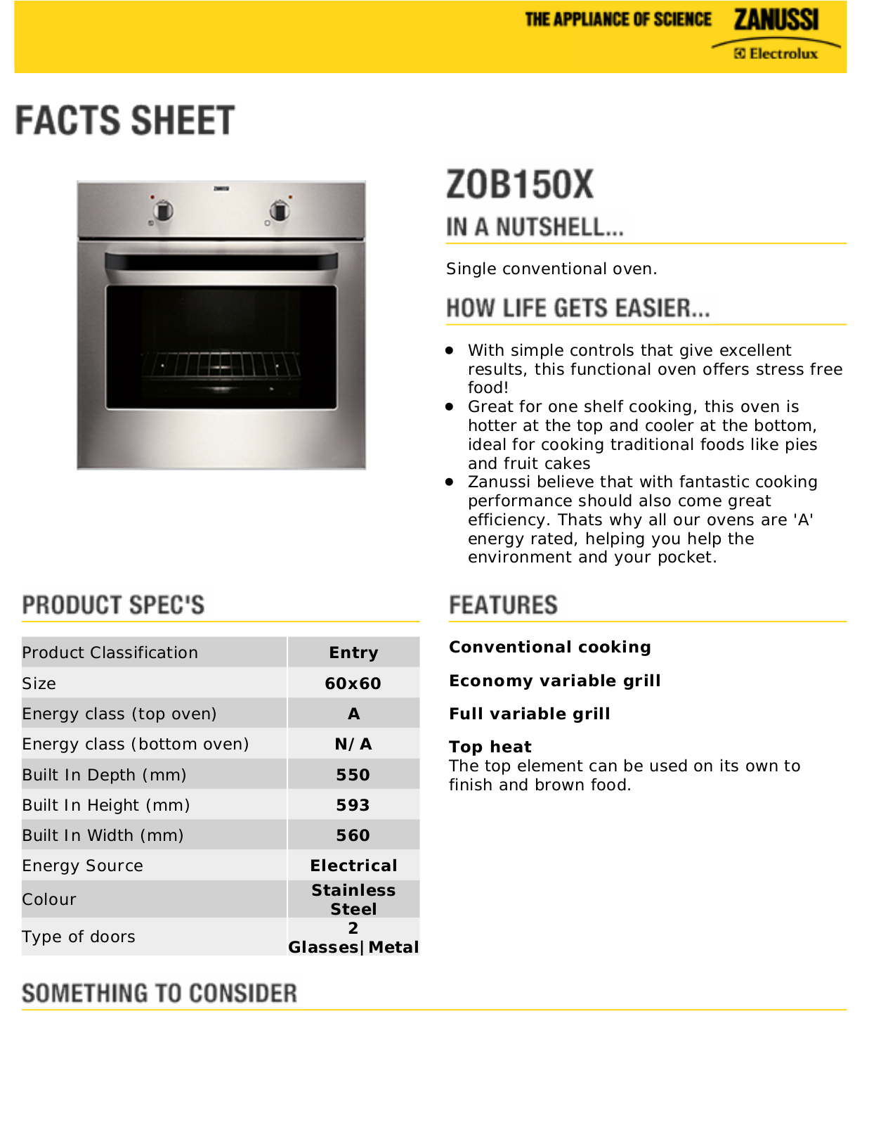 Zanussi ZOB150X facts sheet