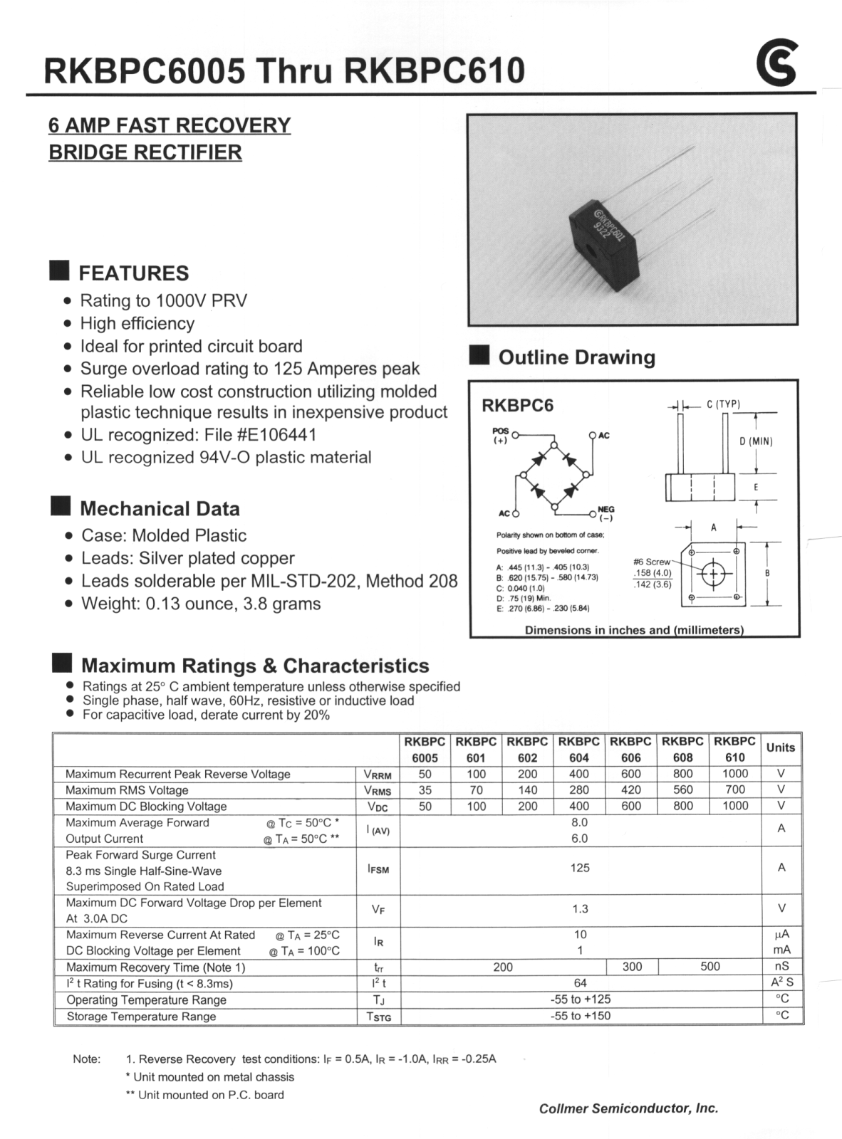 CALLMER RKBPC6005, RKBPC601, RKBPC602, RKBPC604, RKBPC606 Datasheet