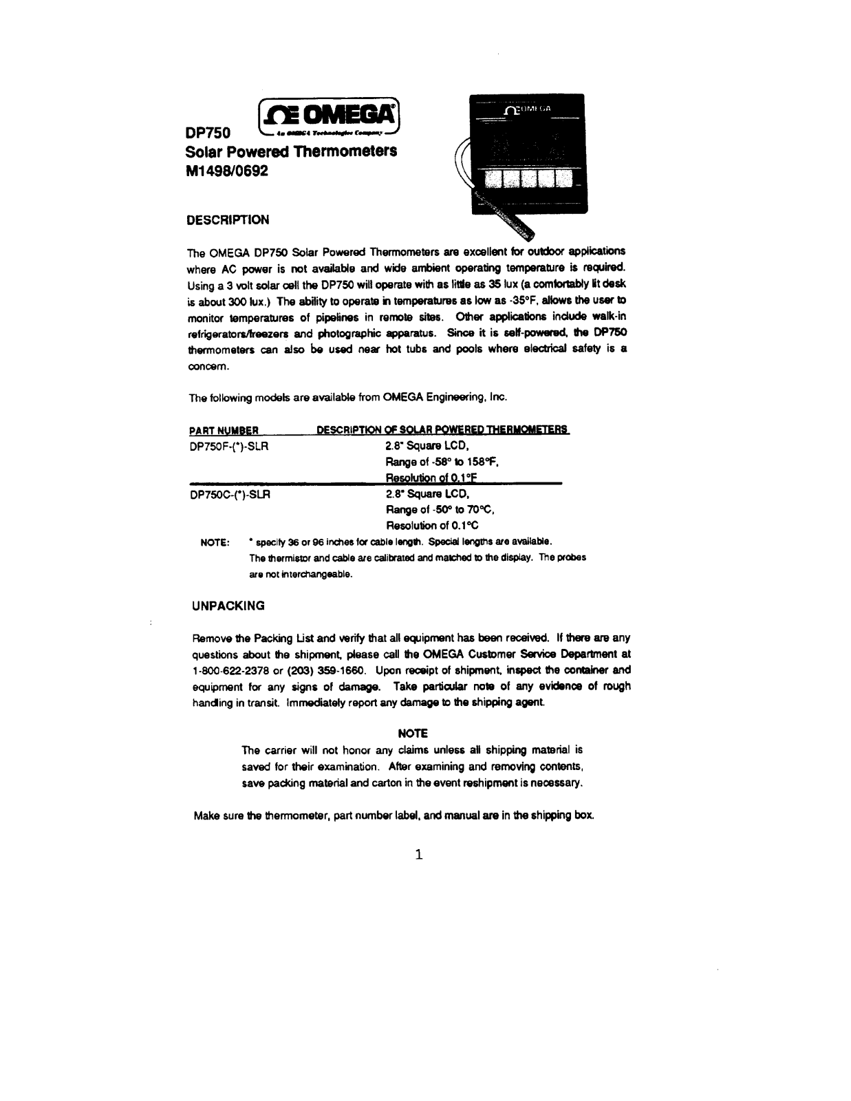 Omega Products DP750 Installation  Manual