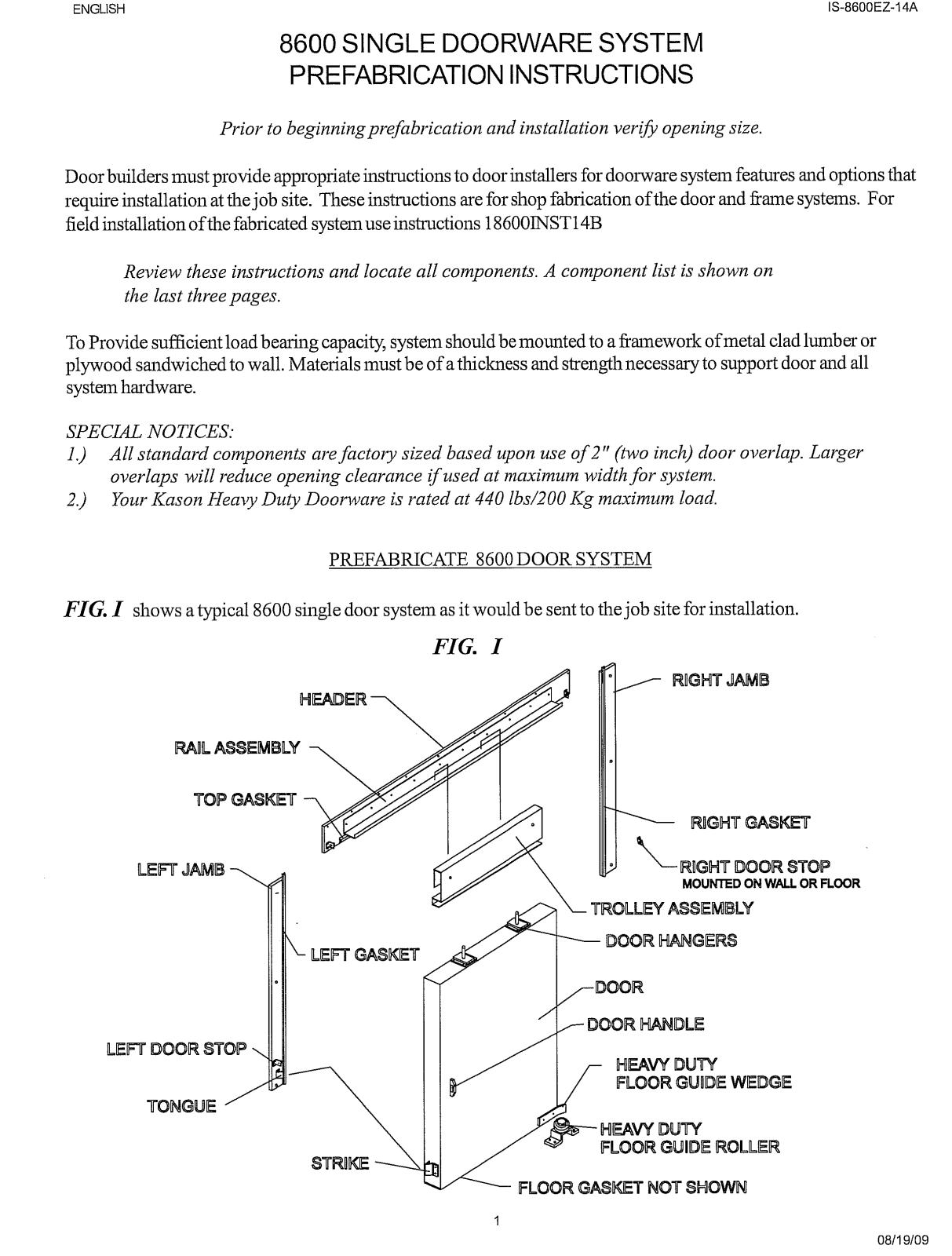 Kason 8600 SINGLE DOOR User Manual