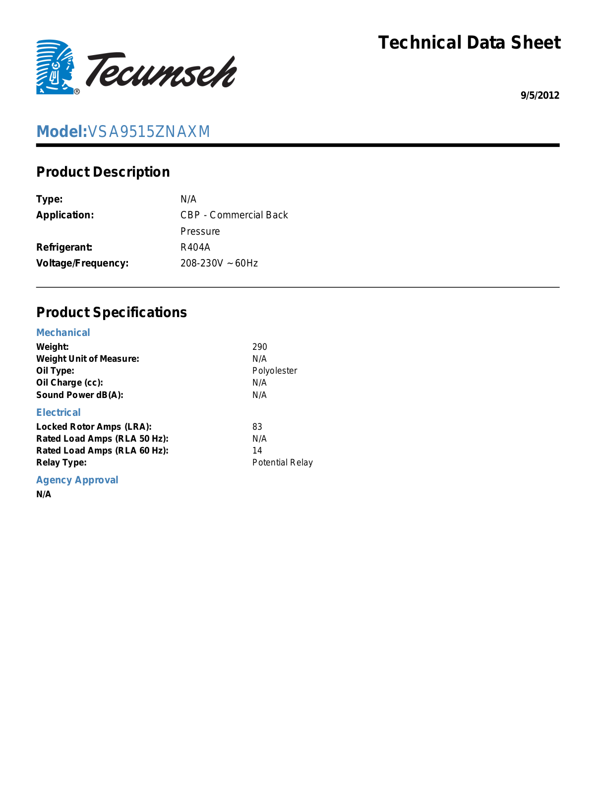 Tecumseh VSA9515ZNAXM User Manual