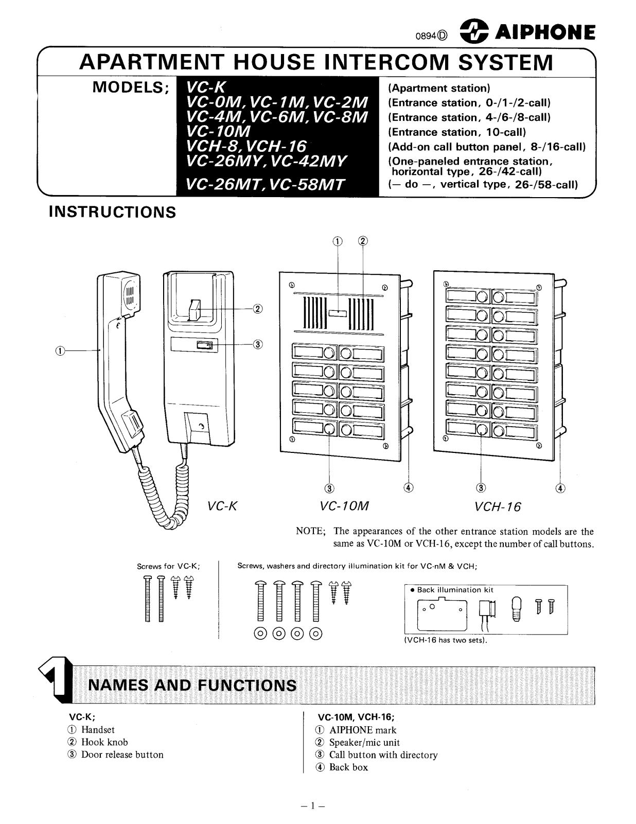 Aiphone VC-K, VC-OM, VC-1M, VC-2M, VC-4M Instruction