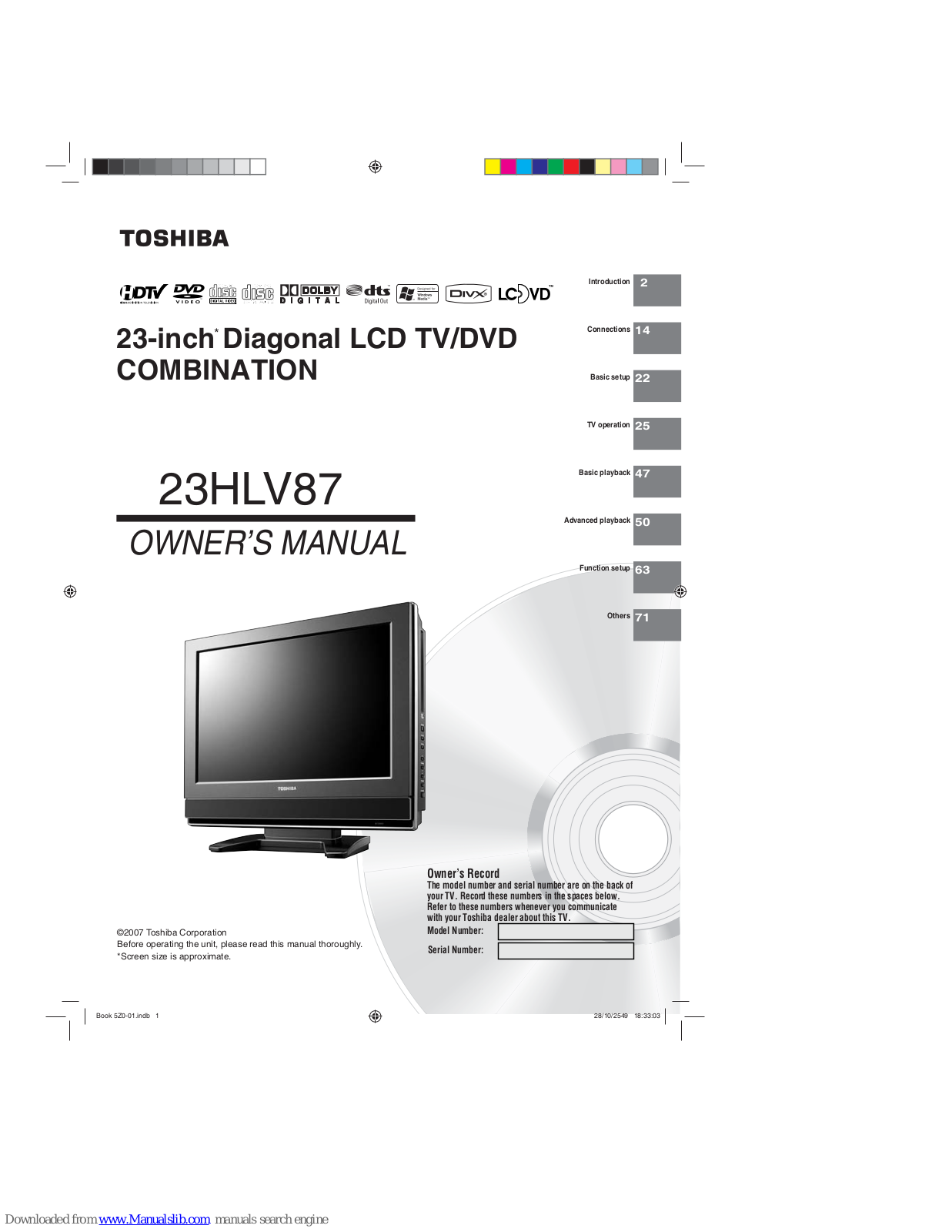 Toshiba 23HLV87B, 23HLV87 Owner's Manual