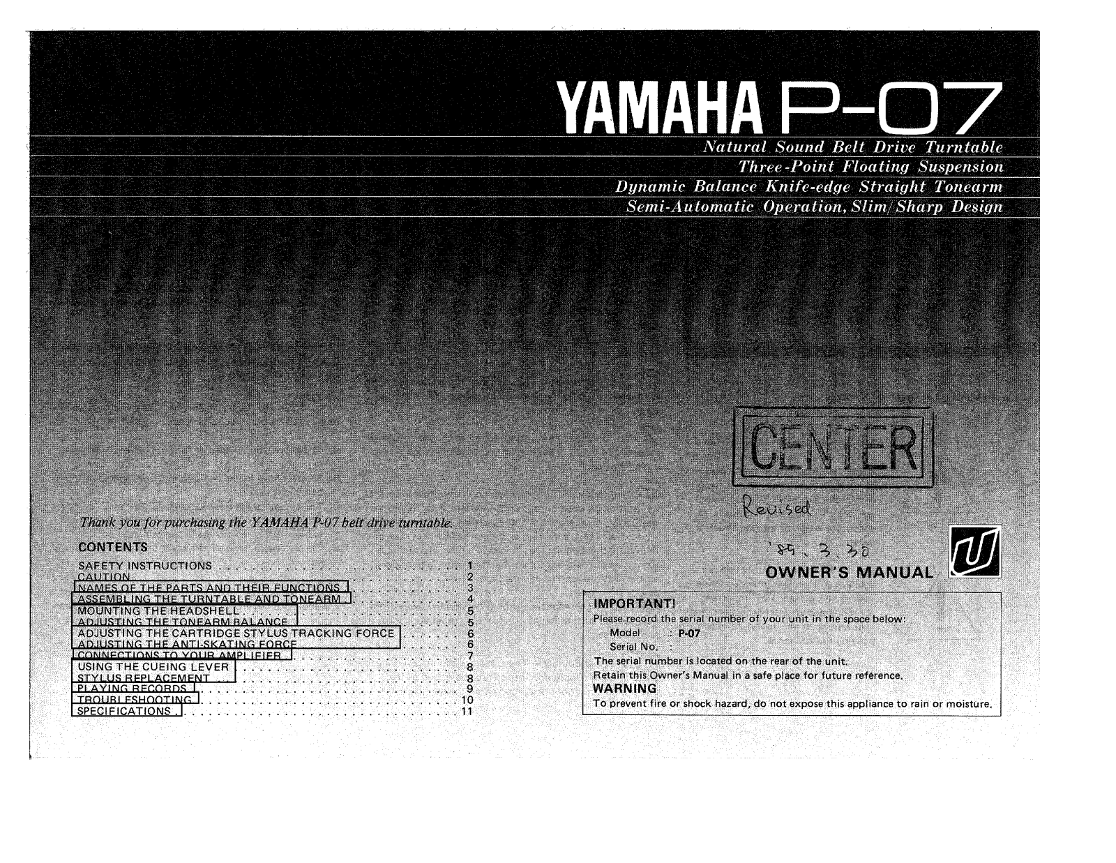 Yamaha P-07 Owners manual