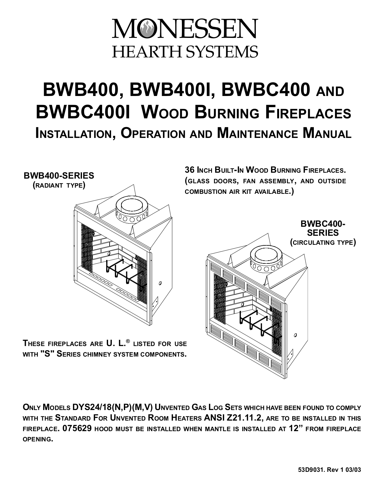 Monessen Hearth BWBC400, BWBC400I, BWB400I, BWB400 User Manual