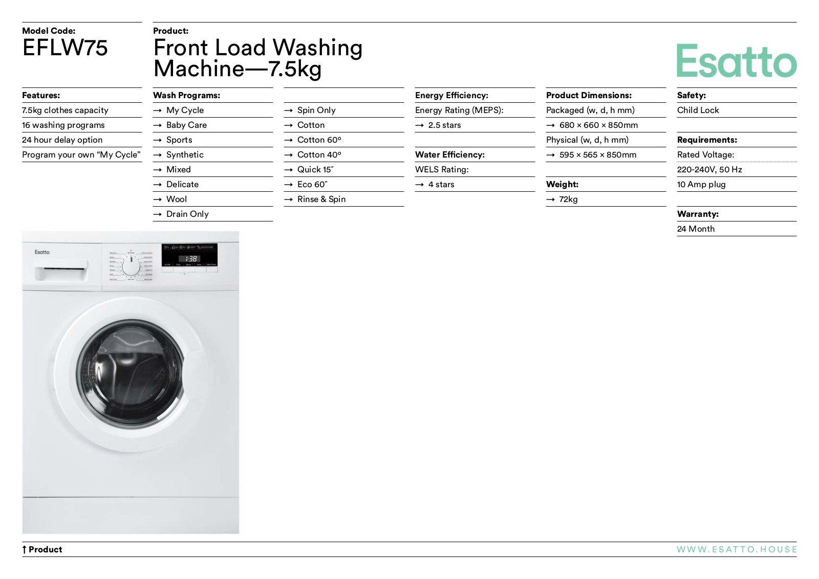 Esatto EFLW75 Specifications Sheet