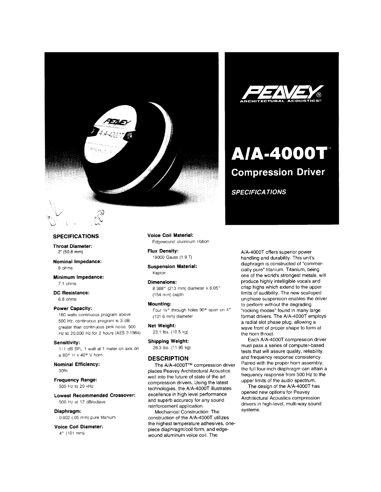 Peavey A-A-4000T DATASHEET