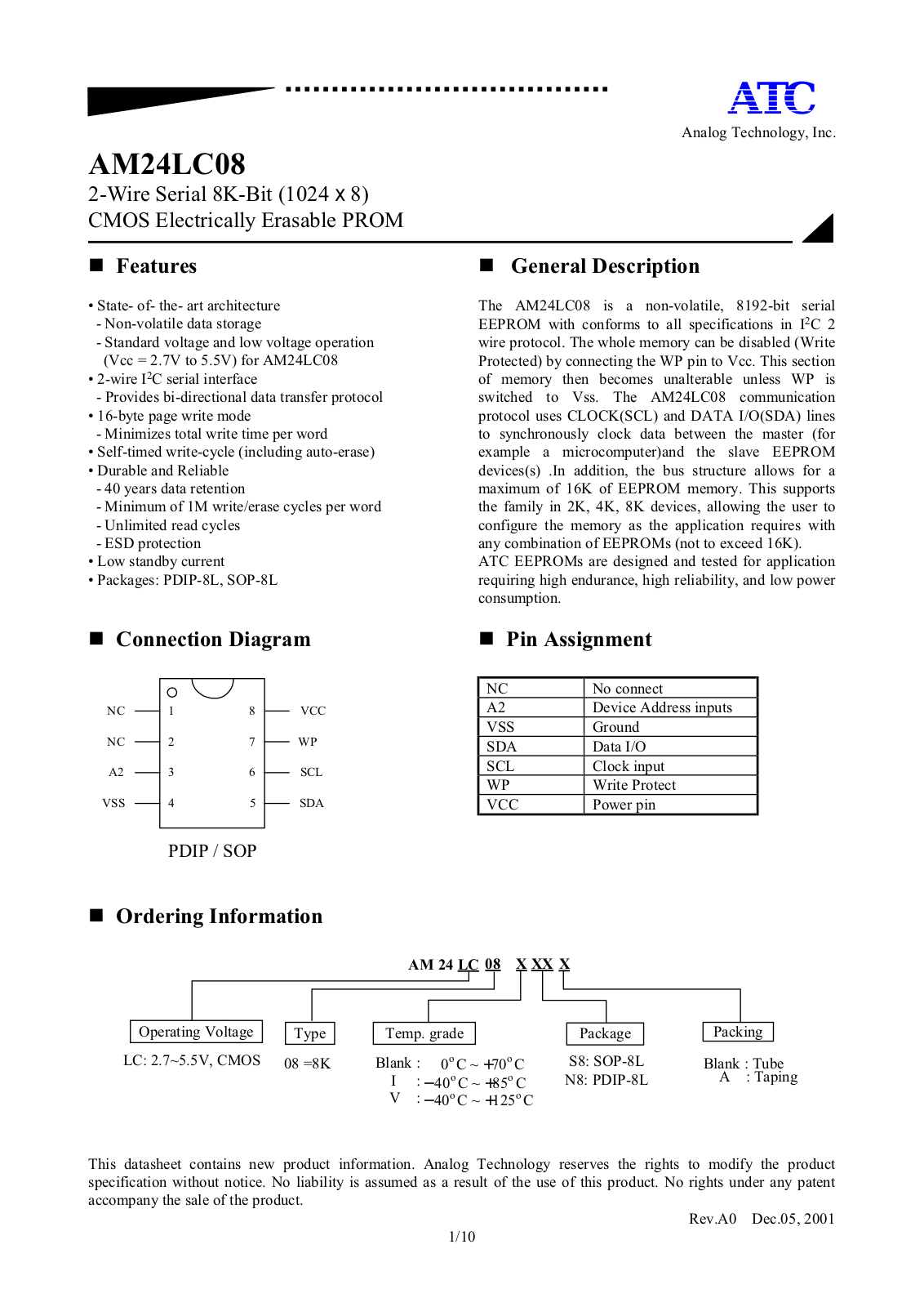 ATC AM24LC08VS8A, AM24LC08VS8, AM24LC08VN8A, AM24LC08VN8, AM24LC08S8A Datasheet