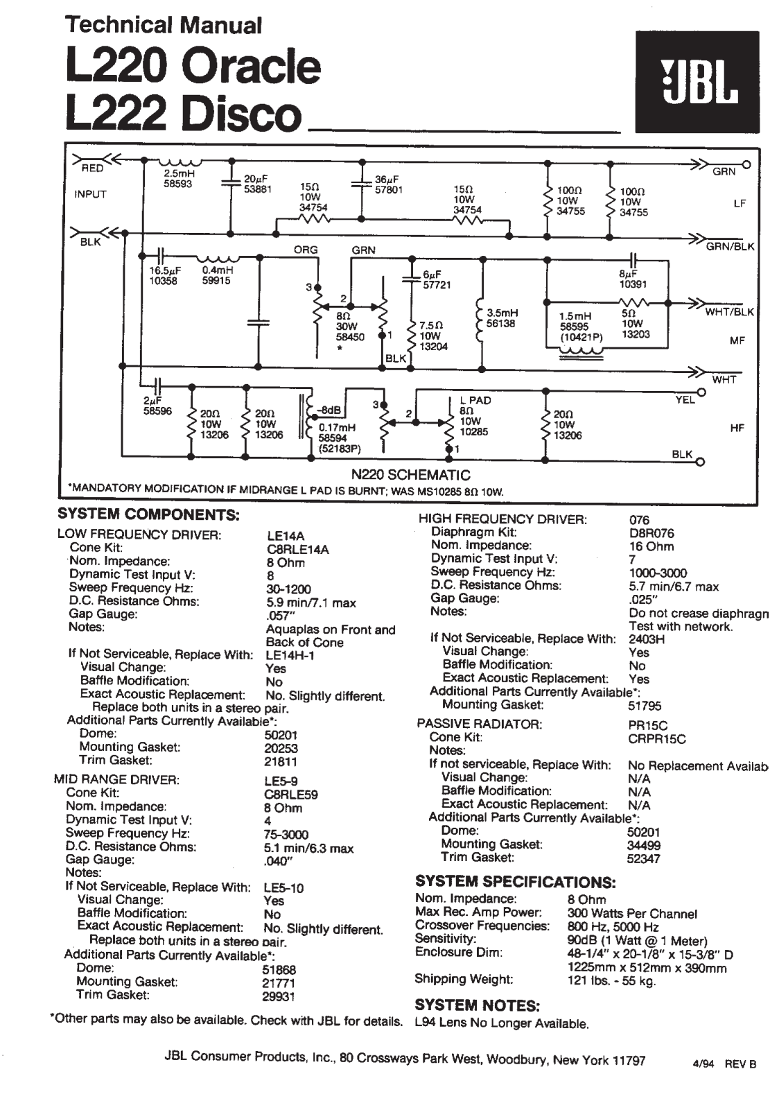 JBL L-220, L-222 Technical Manual