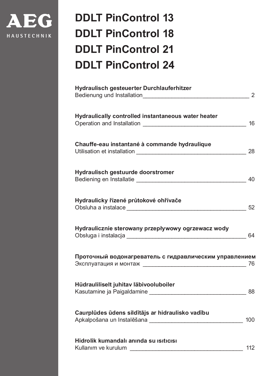 AEG Haustechnik DDLT PinControl 13, DDLT PinControl 18, DDLT PinControl 21, DDLT PinControl 24 Operating and Installation instructions