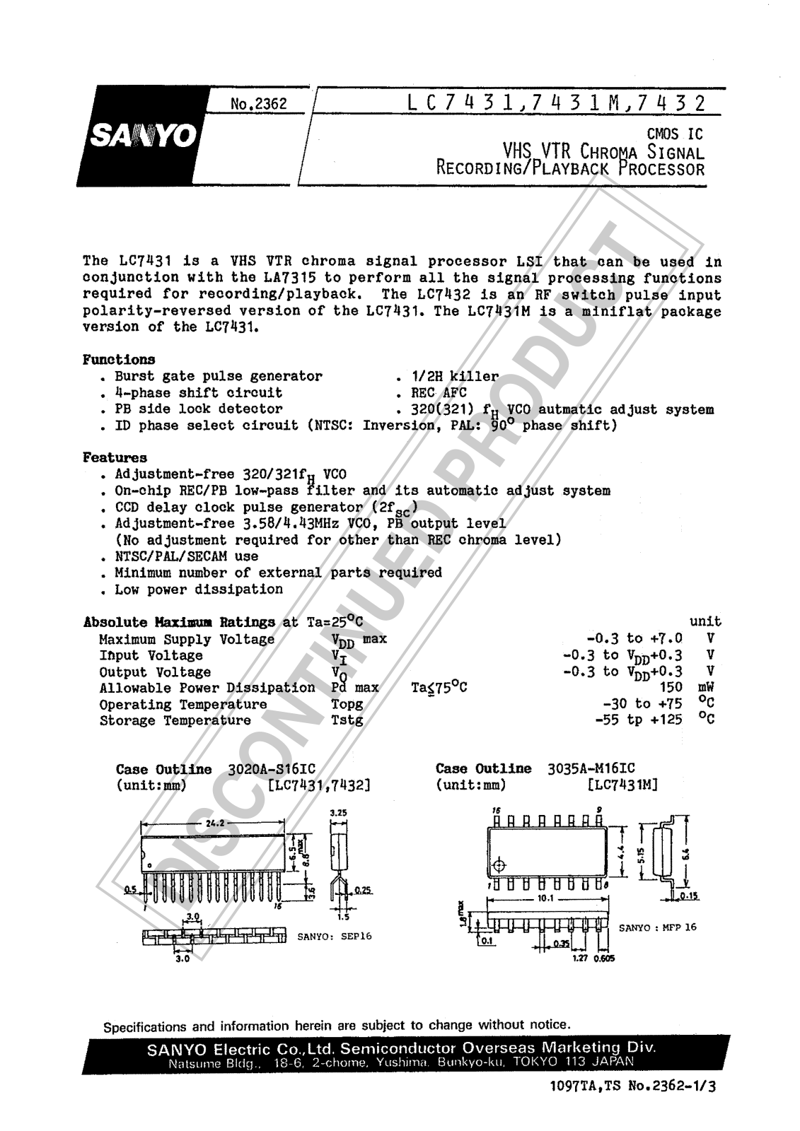 Sanyo LC7431 Specifications