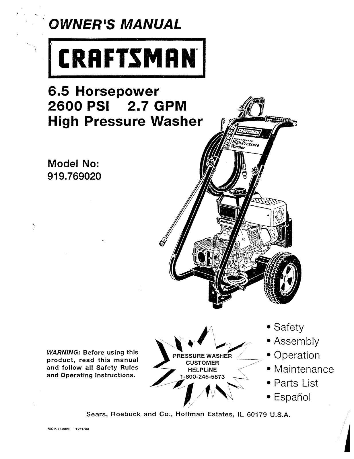 Craftsman MGP-769020 User Manual