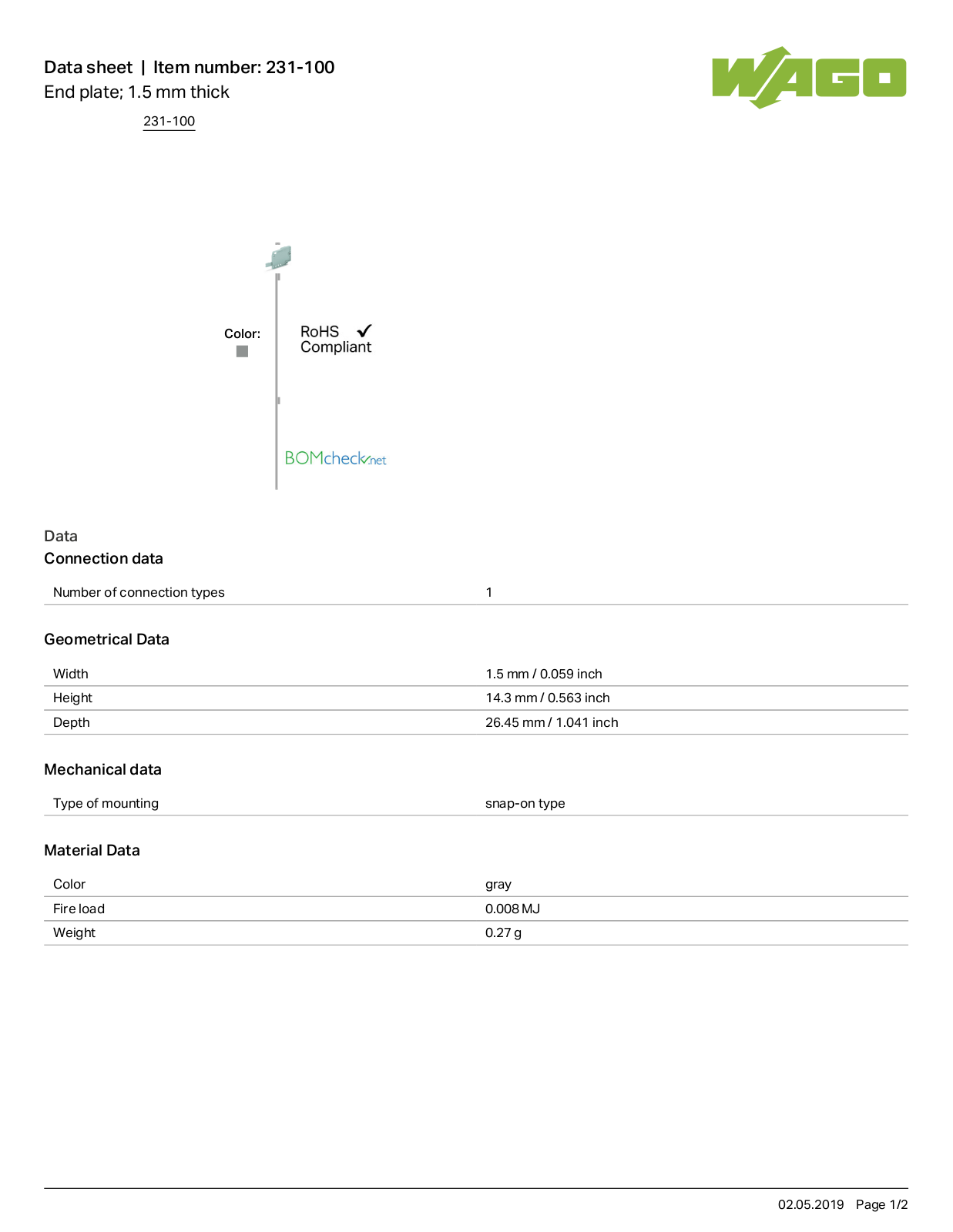 Wago 231-100 Data Sheet