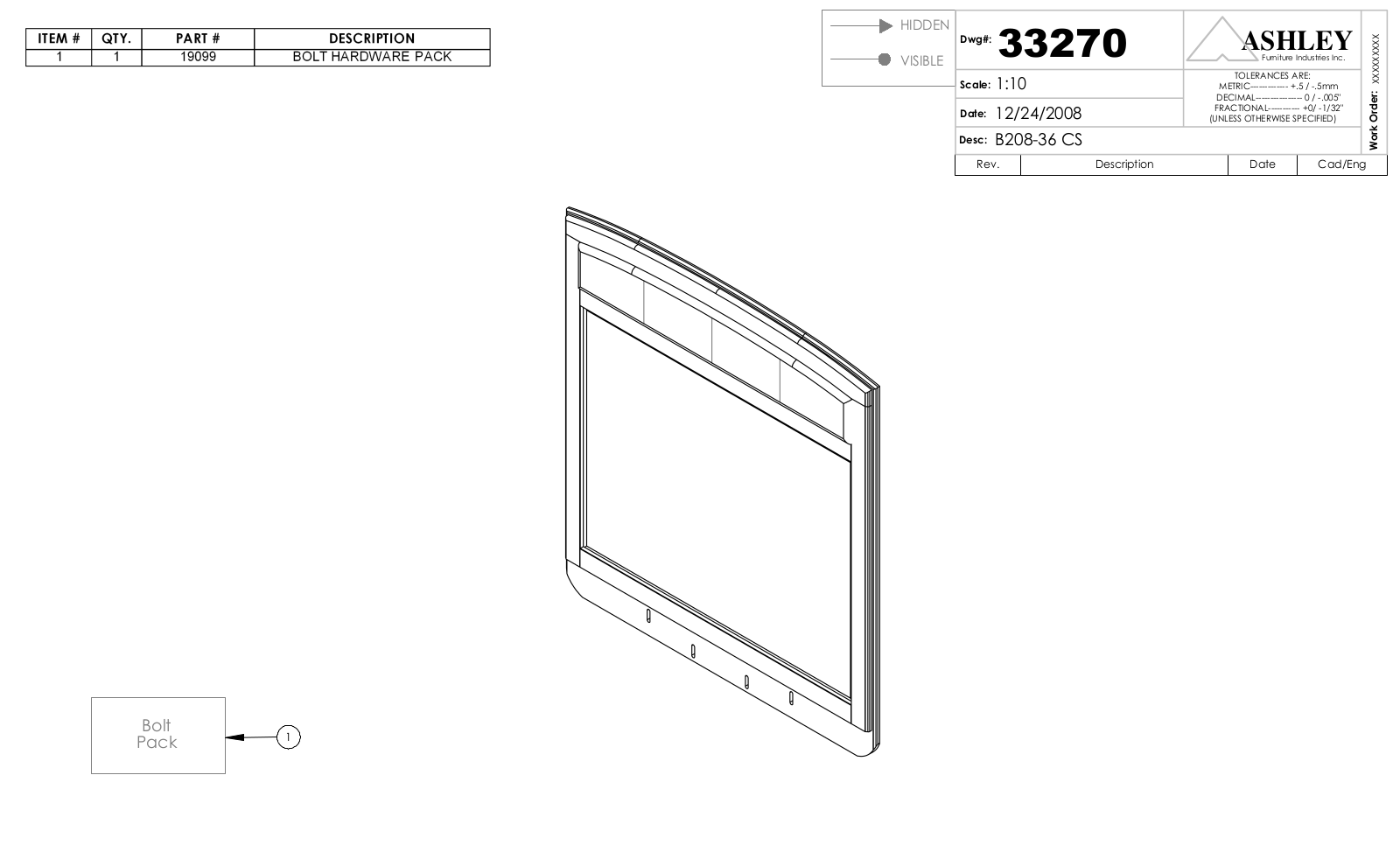 Ashley B20836 Part List