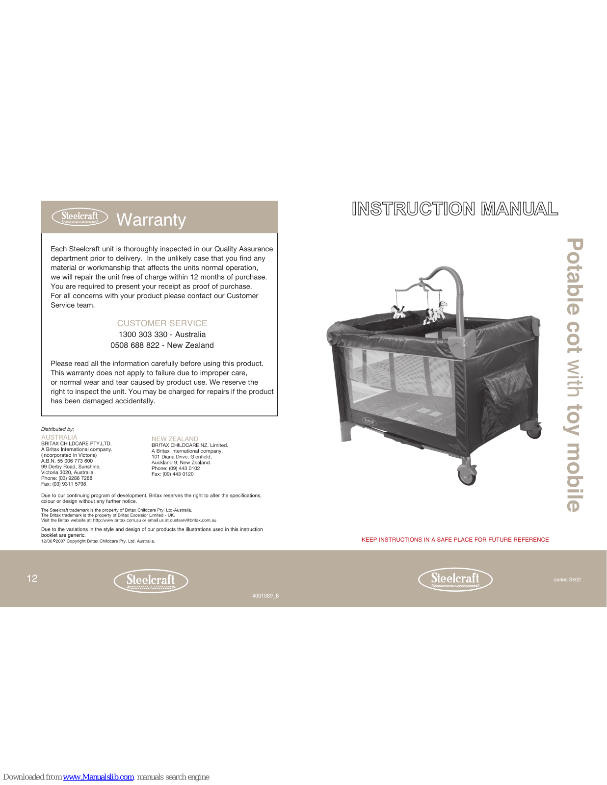 Britax PORTABLE COT WITH TOY MOBILE, Steelcraft PORTABLE COT WITH TOY MOBILE, S602 Series User Manual