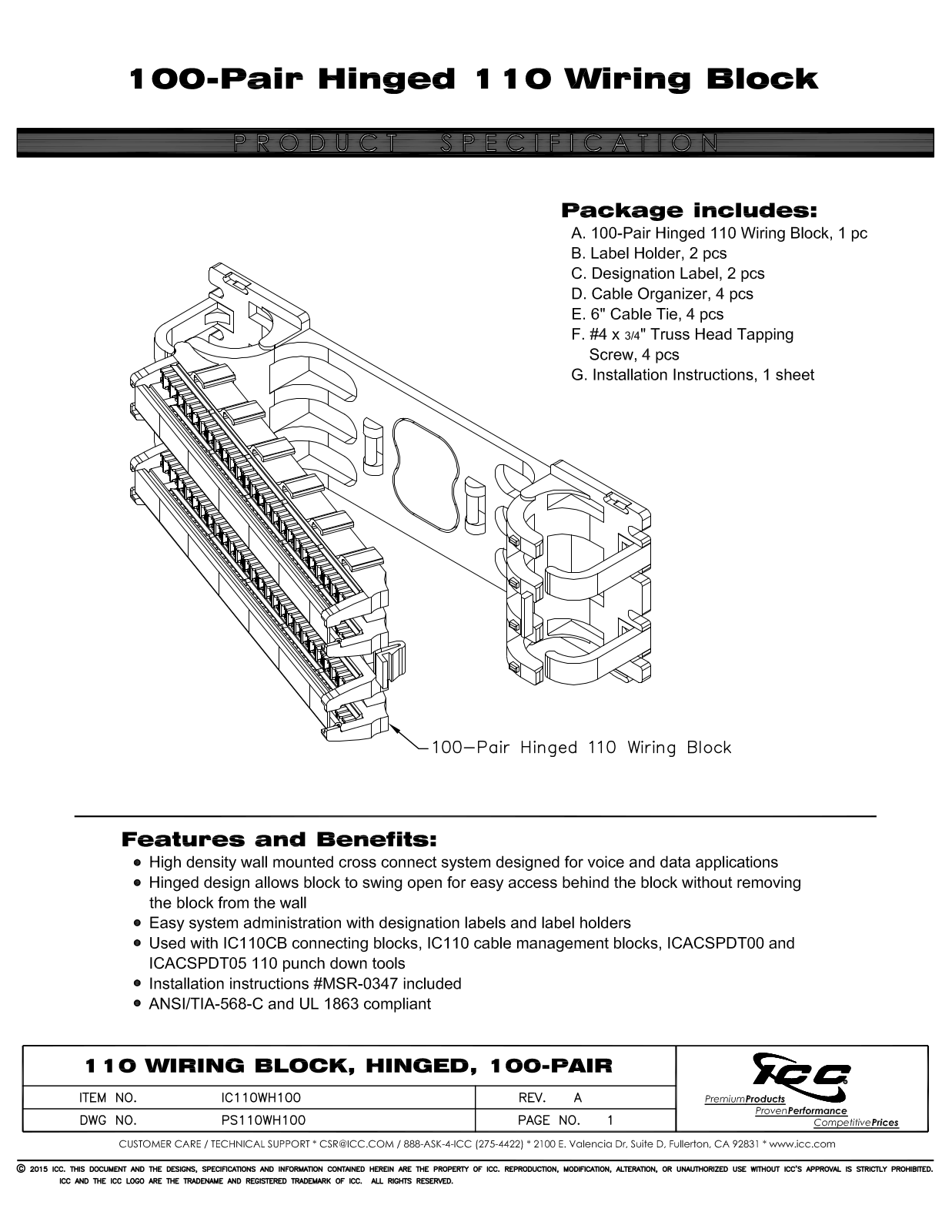 ICC IC110WH100 Specsheet