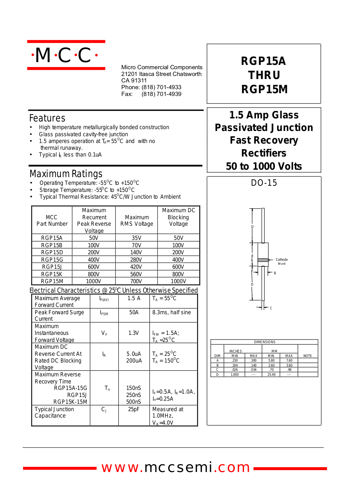 MCC RGP15B, RGP15D, RGP15A, RGP15M, RGP15G Datasheet