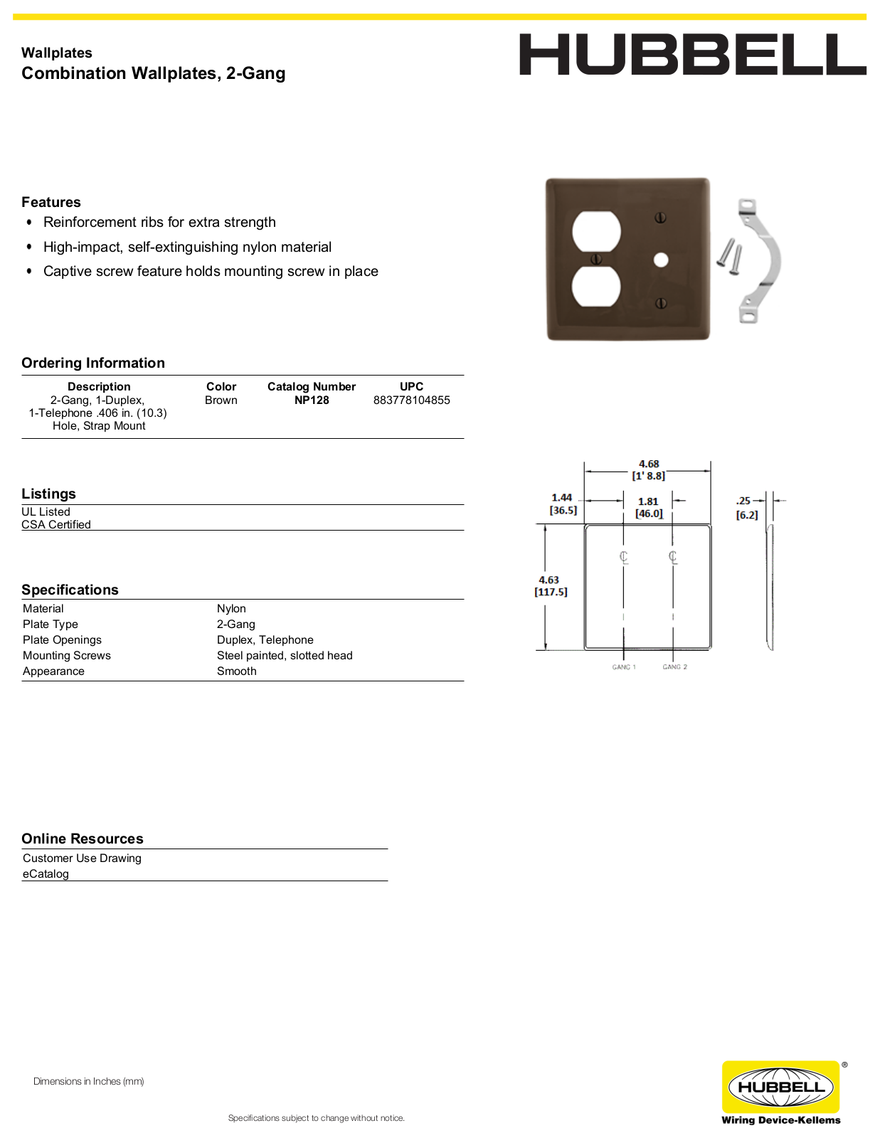 Hubbell NP128 Specifications