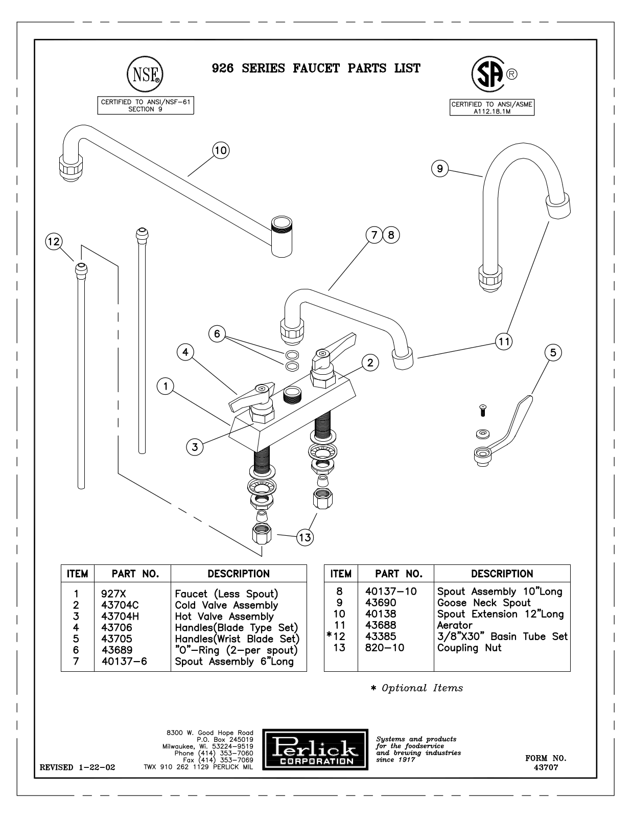 Perlick 926 Parts Manual