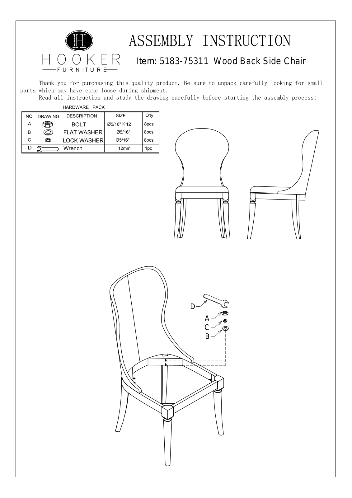 Hooker Furniture 518375311 Assembly Guide