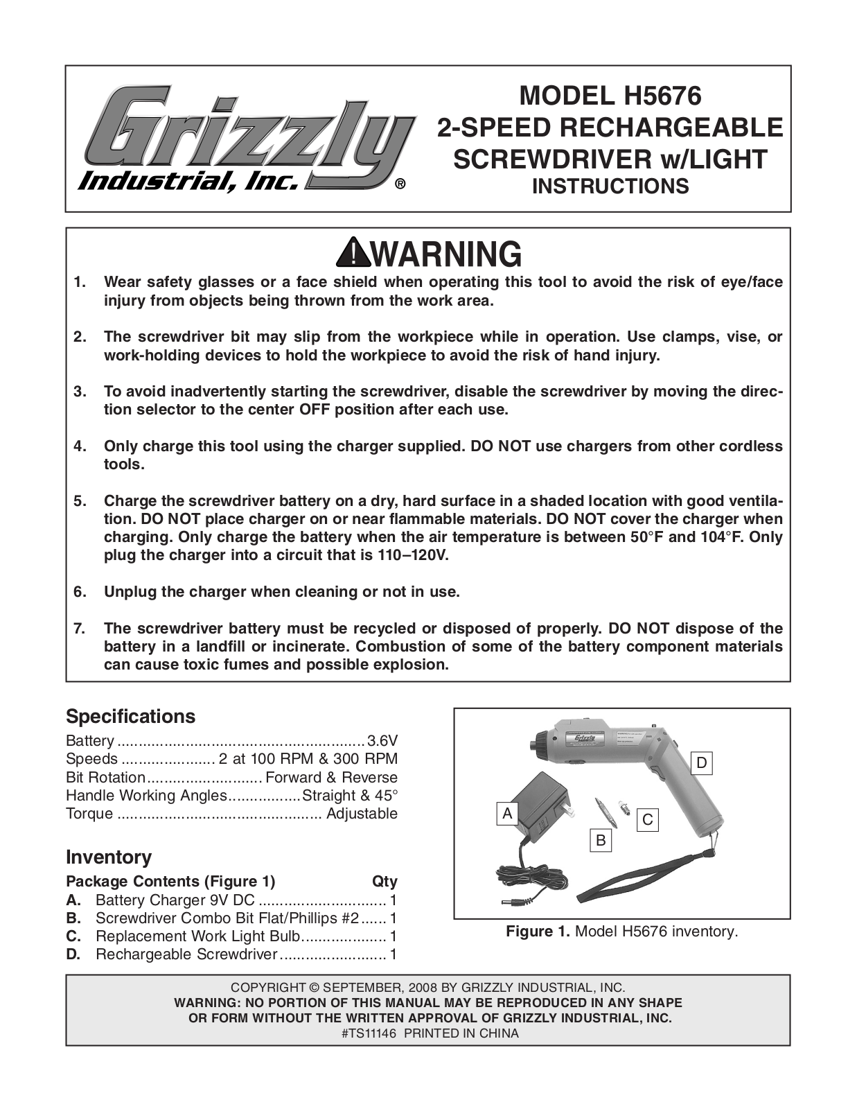 Grizzly H5676 User Manual