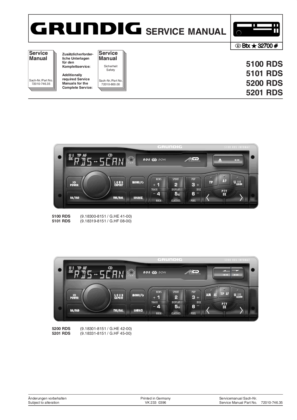Grundig 5201-RDS, 5200-RDS, 5100-RDS, 5101-RDS Service Manual