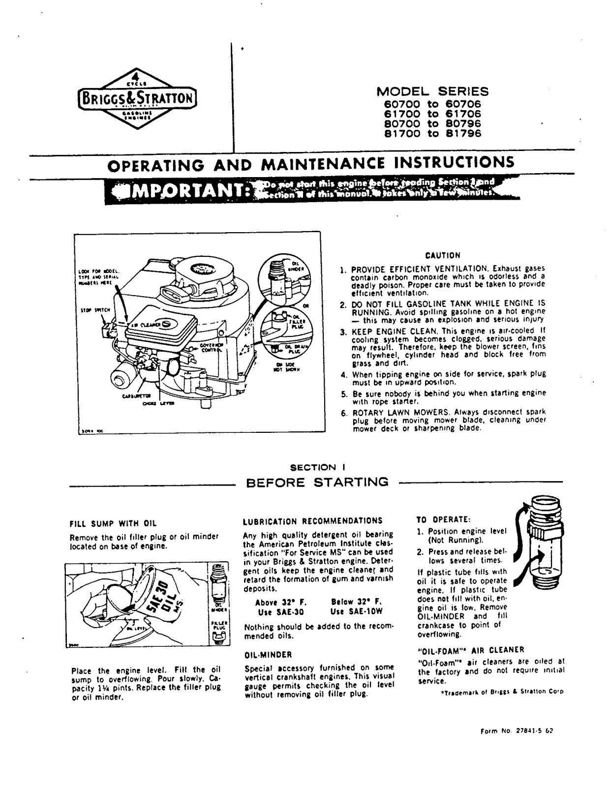 Briggs & Stratton 81700, 60700, 80700, 61700, 60706 User Manual