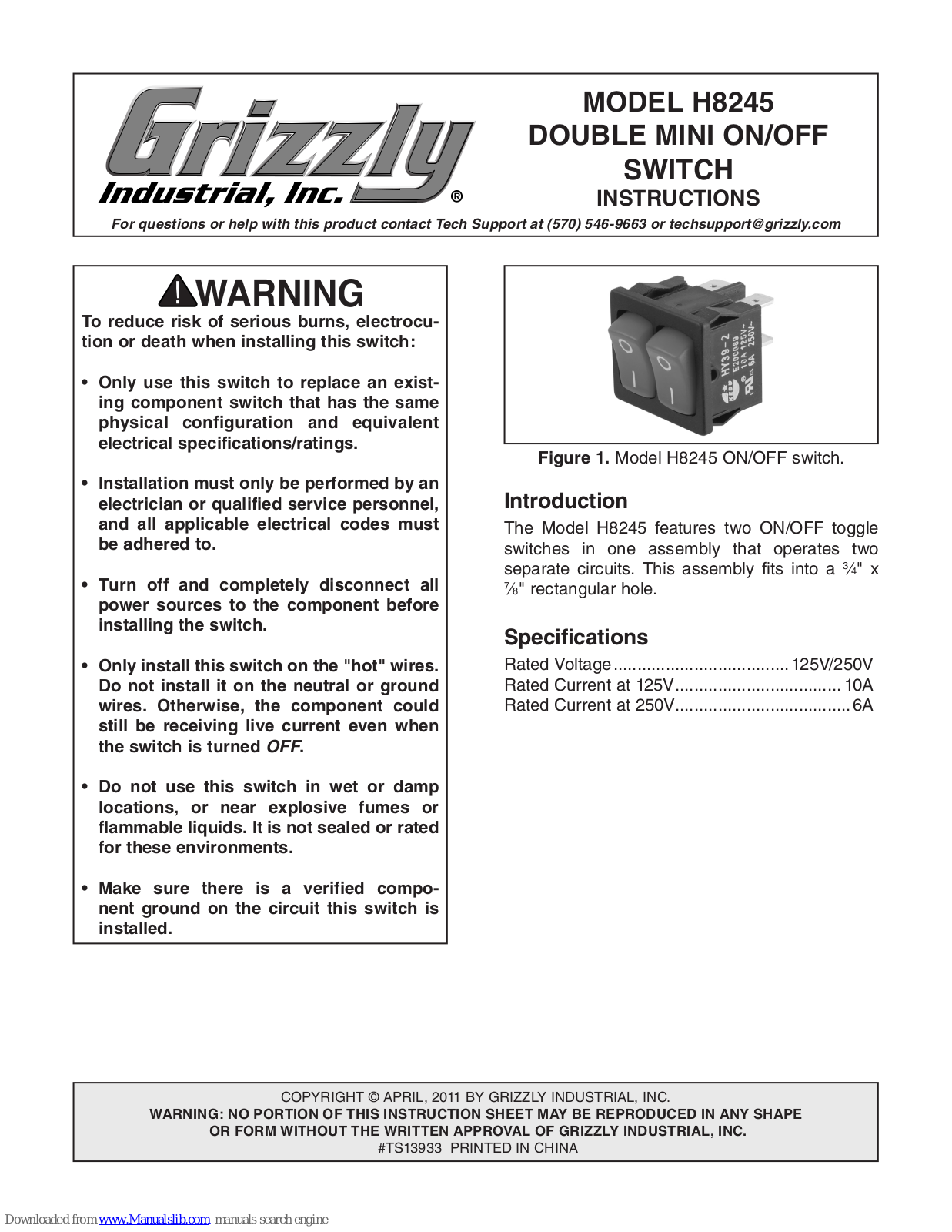 Grizzly Double Mini On/Off h8245 Instructions Manual