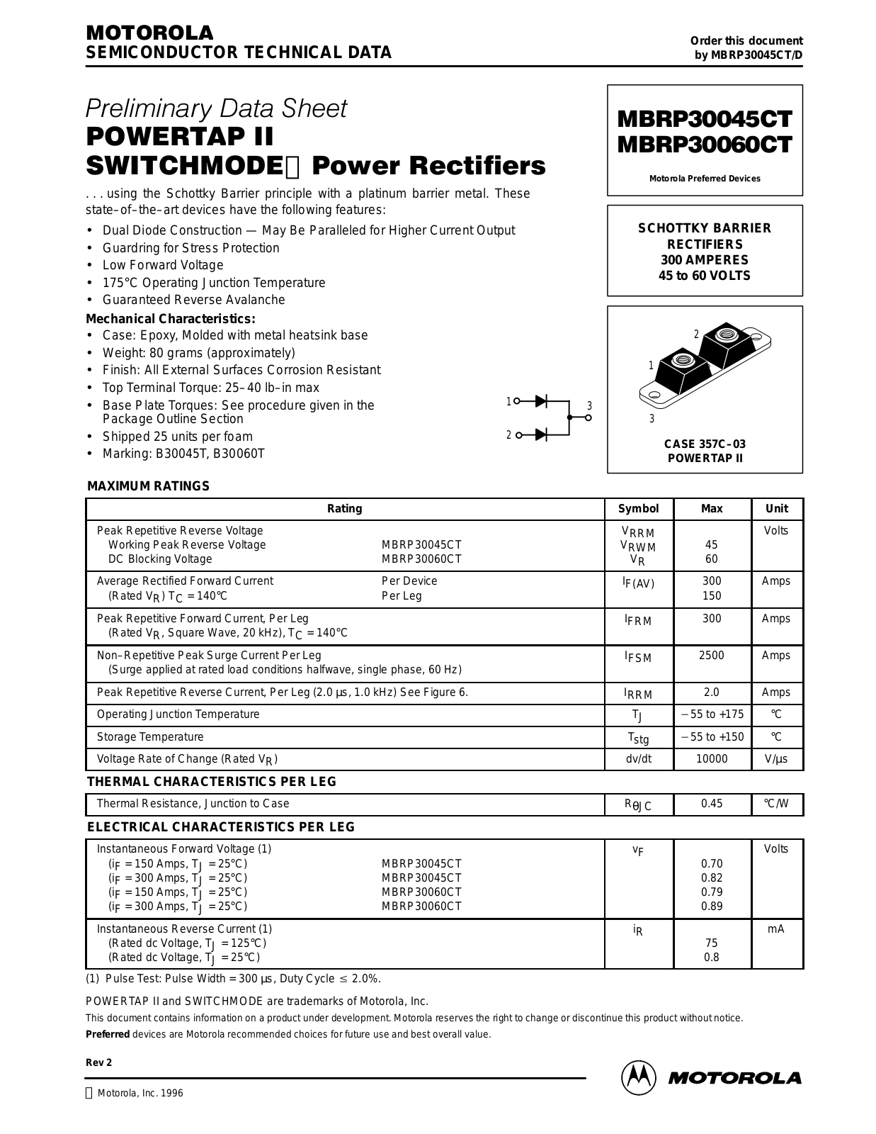 Motorola MBRP30045CT Datasheet