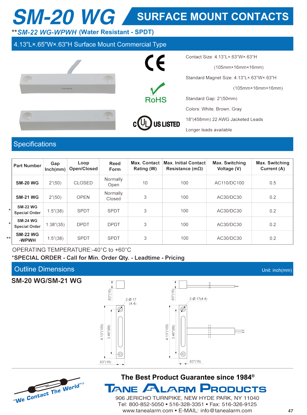 Tane SM-22WG-WPWH, SM-20-WG Specsheet