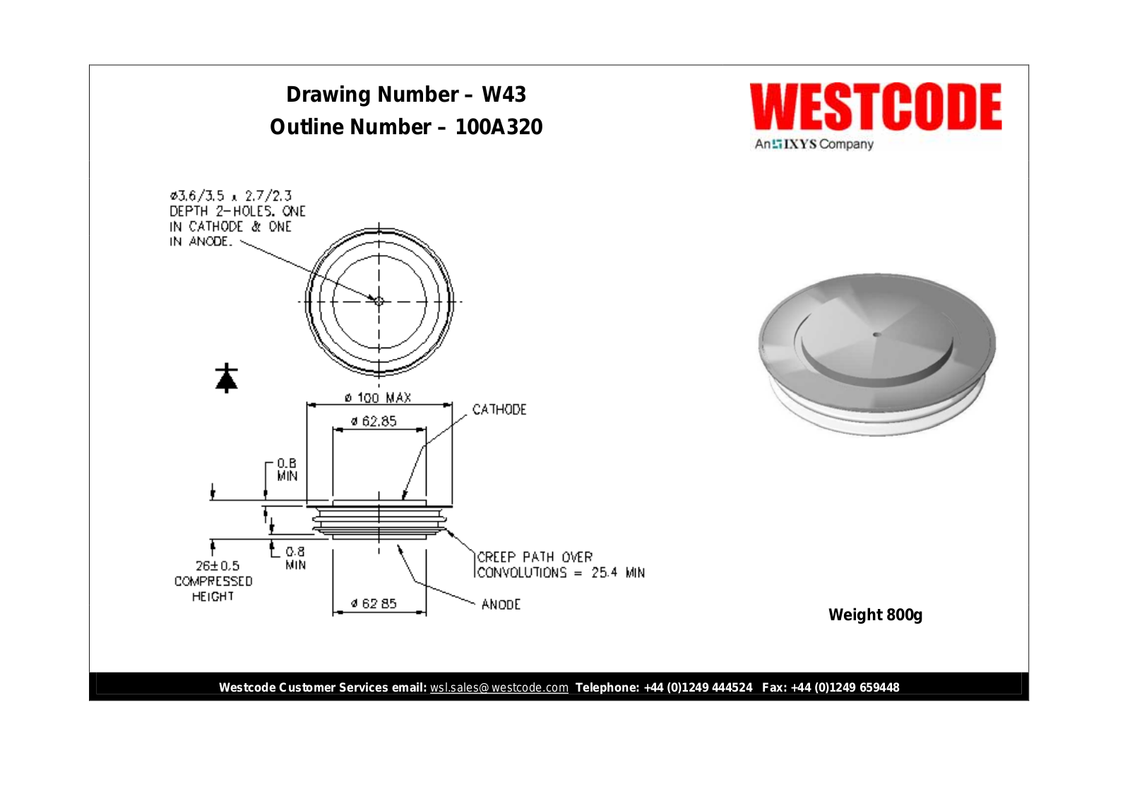 Westcode Semiconductors W43 100A320 Dimensional Sheet