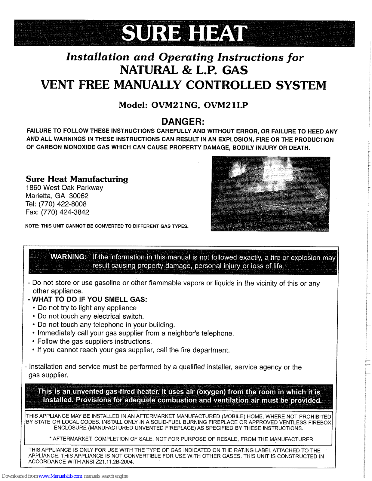 Sure Heat OVM21NG, OVM21LP Installation And Operating Instructions