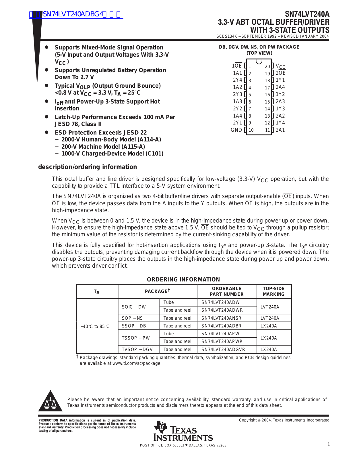 TEXAS INSTRUMENTS SN74LVT240A Technical data