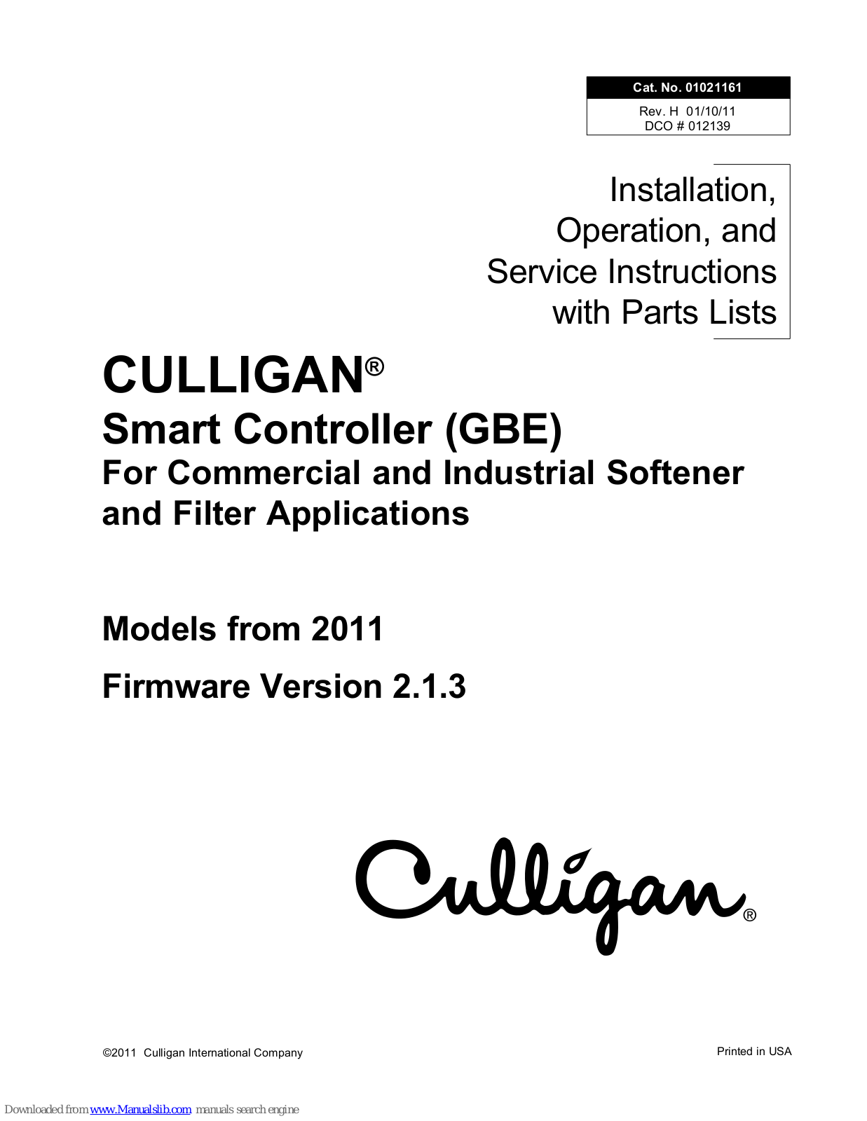 Culligan Smart Controller (GBE) Installation, Operation And Service Instructions