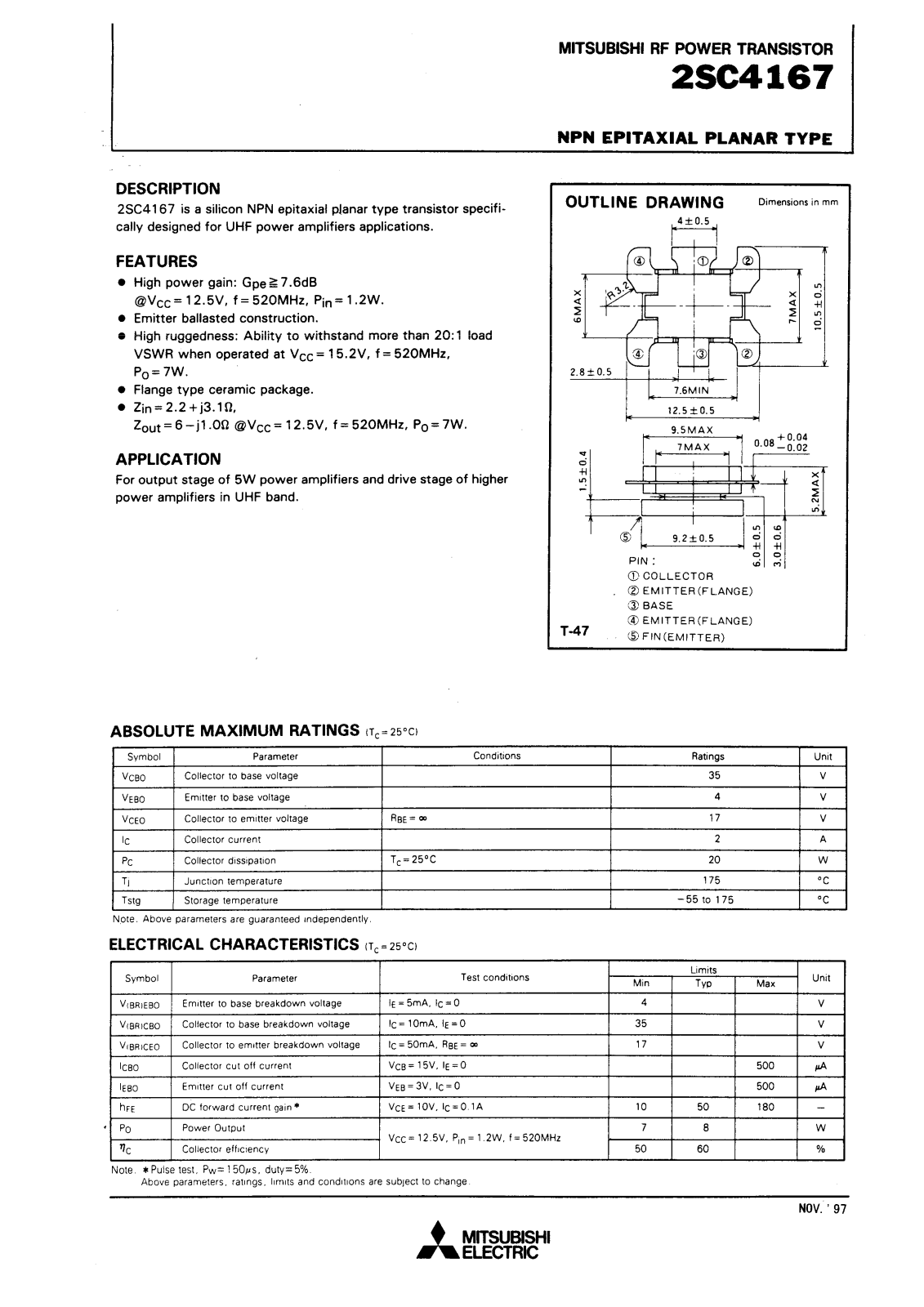 Mitsubishi Electric Corporation Semiconductor Group 2SC4167 Datasheet